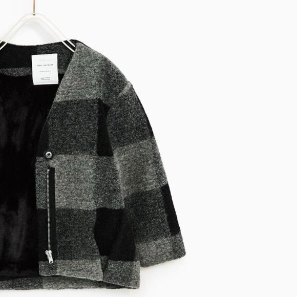 Zara Girls Black Buffalo Plaid Collarless Jacket size 7 - Picture 2 of 14